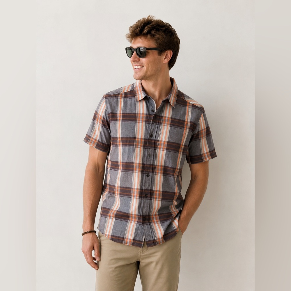 PrAna Plaid Organic Cotton Button Down Shirt Medium Brown Orange Short Sleeve